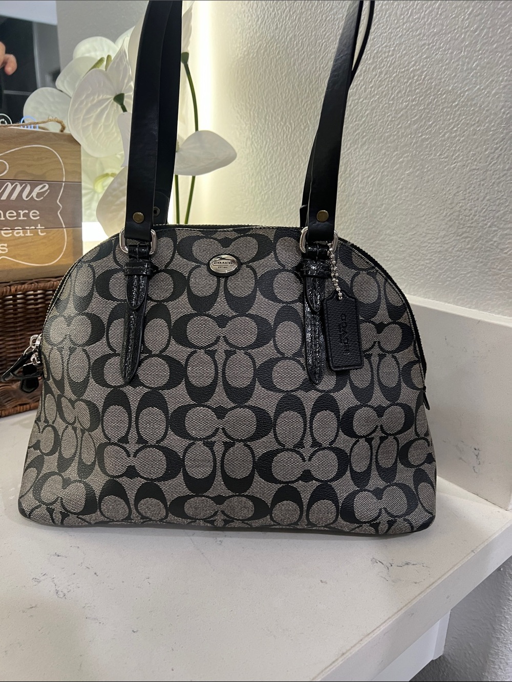 Coach Black and Gray Signature Dome Satchel with silver hardware